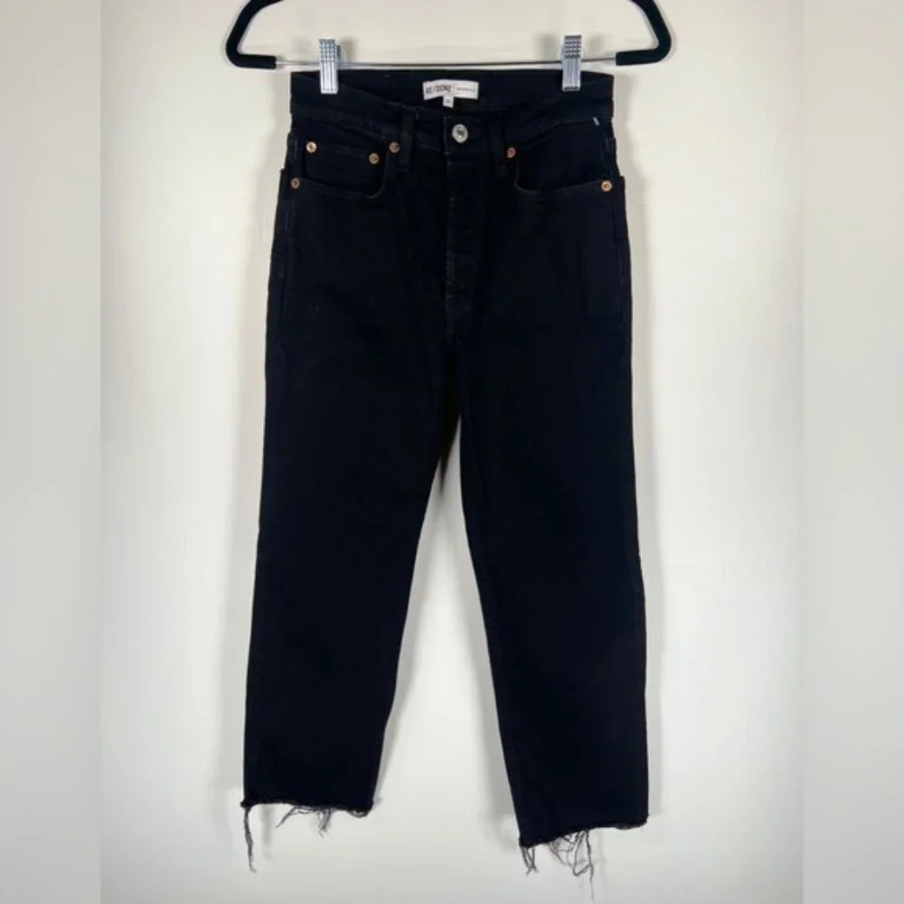 NWOT RE/DONE ORIGINALS Stove Pipe High Rise Raw Hem Jet Black SELF/CORP Jeans 26